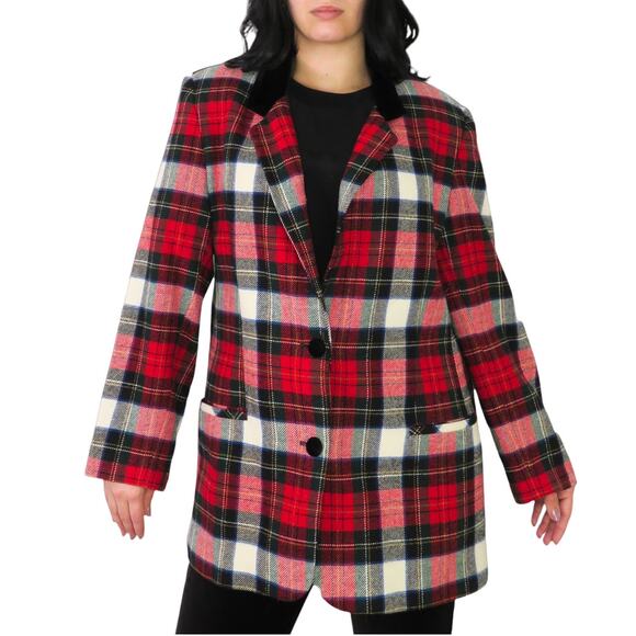 90s White Stag Vintage Black & Red Plaid Wool Blazer Jacket Extra Large - Picture 3 of 4